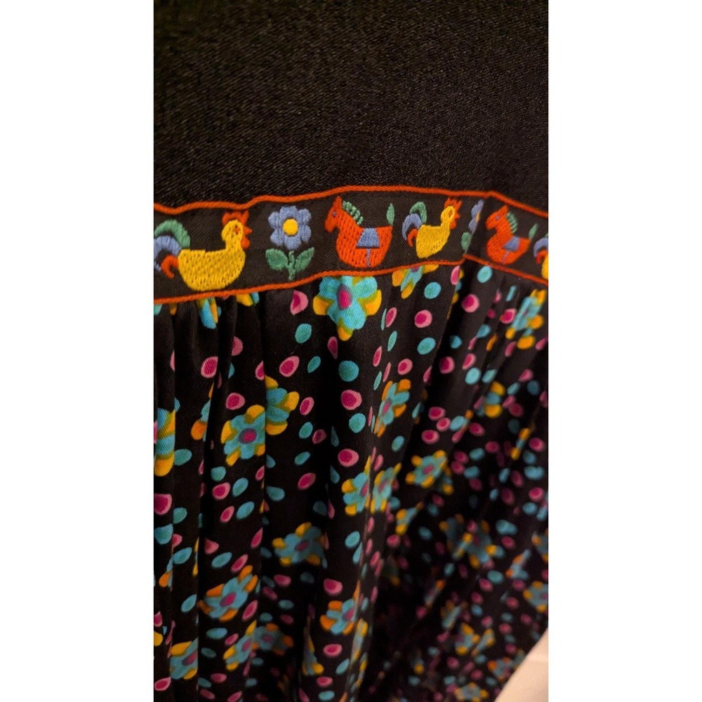 Melissa Lane Black Floral Rooster Folk Art Midi Dress Size 8 Chic 90s Boho Party - Picture 5 of 11